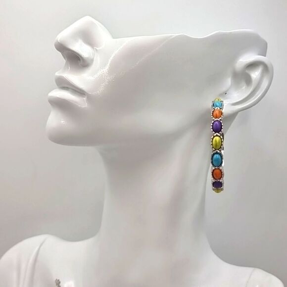 New FREE PEOPLE Buckaroo C shaped hoop multi color turquoise earrings - Picture 1 of 8